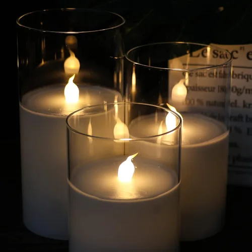 Miniatura 2 de GenSwin - Velas LED sin llama de cristal transparente que funcionan con batería, con control remoto de 10 teclas y temporizador, velas de cera real