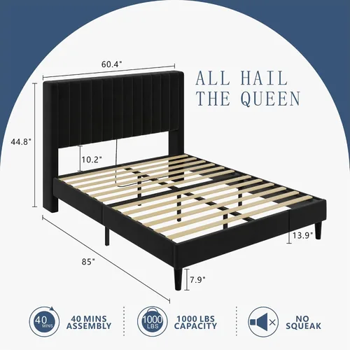 Miniatura 2 de VanAcc Base de cama tamaño Queen, plataforma tapizada de terciopelo con cabecera capitoné de canal, base de colchón con listones de madera,