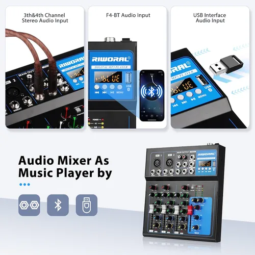 Miniatura 4 de Interfaz de audio de 4 canales, mezclador de audio USB, tablero de sonido, consola de mezcla incorporada Bluetooth MP3 Entrada de computadora+48 V