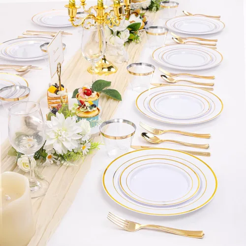 Miniatura 6 de bUCLA 600 platos de plástico blanco y dorado, juego de vajilla desechable dorada para 100 invitados, incluye 100 platos de cena y 100 platos