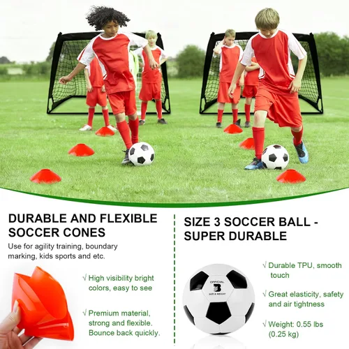 Miniatura 5 de Juego de 2 porterías de fútbol para niños para patio trasero, paquete de 2 redes de fútbol portátiles de 4 x 3 pies, equipo de entrenamiento