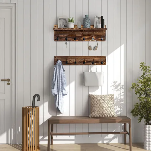 Miniatura 7 de Perchero de pared de 29.5 pulgadas de ancho con estante, estante de pasillo con 12 ganchos para abrigos, perchas para pared, perchero para clavijas