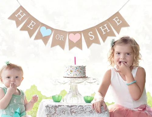 Miniatura 2 de Cartel de arpillera con texto en inglés «He or She – Decoración de baby shower, revelación de género, cartel rústico de ducha para niñas y niños