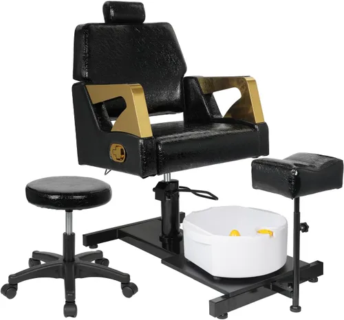 Silla de pedicura con taburete y baño de pies de masaje, estación de pedicura giratoria de 360°, altura ajustable hidráulica, sin fontanería, para
