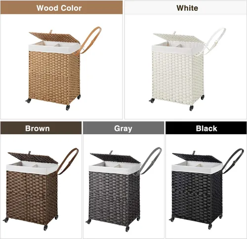 Miniatura 49 de GREENSTELL Cesta para ropa sucia con ruedas y tapa, 130 L, cesta grande de 3 secciones con 2 tipos de bolsas de forro extraíbles, 5 bolsas de malla