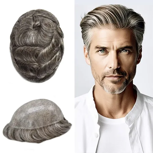 Miniatura 42 de Peluca completa de poliuretano para hombre, sistemas de reemplazo de cabello humano, piel fina y duradera, para hombre, prótesis de cabello