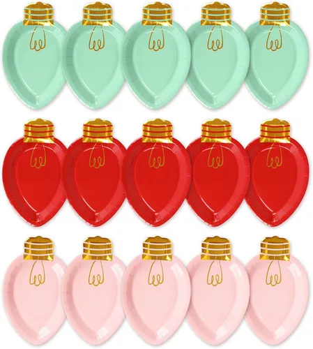 Miniatura 8 de Whaline 30 platos de papel de Navidad con forma de luces desechables para cena y fiesta, vajilla de vacaciones para postres ensaladas, aperitivos