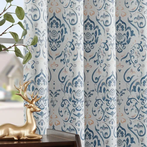 Cortinas Lazzzy azules de damasco con bloqueo total de luz, de 63 pulgadas de largo, con patrón de medallón floral vintage en acuarela, cortinas