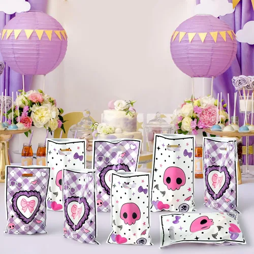 Miniatura 4 de 50 bolsas de regalo de plástico con diseño de dibujos animados kawaii de 6.5 x 10 pulgadas, con diseño de corazón de lazo y asas, para fiestas