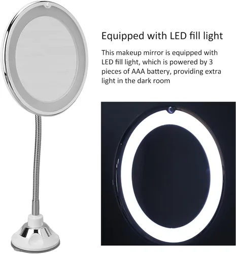 Miniatura 3 de Espejo de aumento giratorio de 360°, funciona con pilas, aumento de 10X, flexible, inalámbrico, cuello de ganso, luz de relleno LED, ventosa, cuello