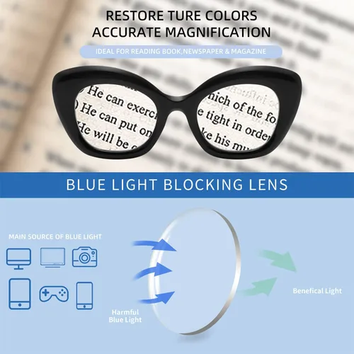 Miniatura 4 de Gafas de lectura de ojo de gato de gran tamaño para mujer, lentes de bloqueo de luz azul para computadora, estilo retro negro