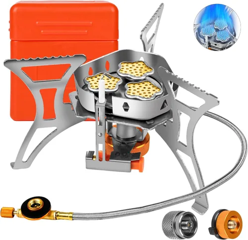 Miniatura 11 de Estufa de gas de campamento resistente al viento de 9900 W, estufa de camping portátil con encendido piezoeléctrico, adaptador de tanque de propano