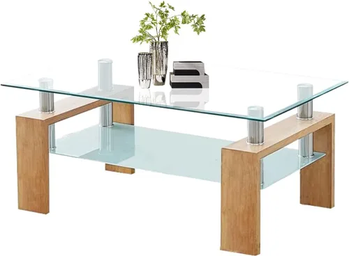 Miniatura 8 de Mesa de centro rectangular de cristal, moderna mesa de centro lateral con estante inferior, patas de madera para muebles de sala de estar (negro)