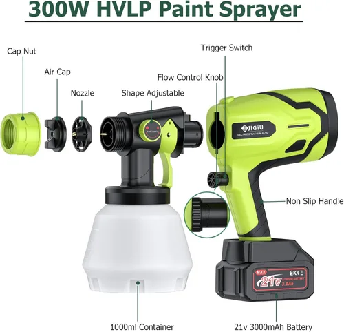 Miniatura 2 de Pistola pulverizadora de pintura inalámbrica HVLP con batería de 21 V, pistola de pintura eléctrica de 300 W, tanque de 33.8 fl oz, 6 boquillas y 3