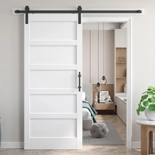 Miniatura 15 de Fredbeck Puerta de granero blanca de 30 x 84 pulgadas con kit de herrajes para puerta corredera de 5.5 pies incluido y asa, sólida, MDF, superficie