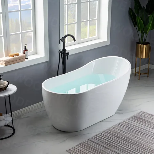 Miniatura 2 de WOODBRIDGE Bañera de acrílico independiente de 59 pulgadas, bañera de remojo contemporánea con desagüe y desbordamiento negro mate B/M