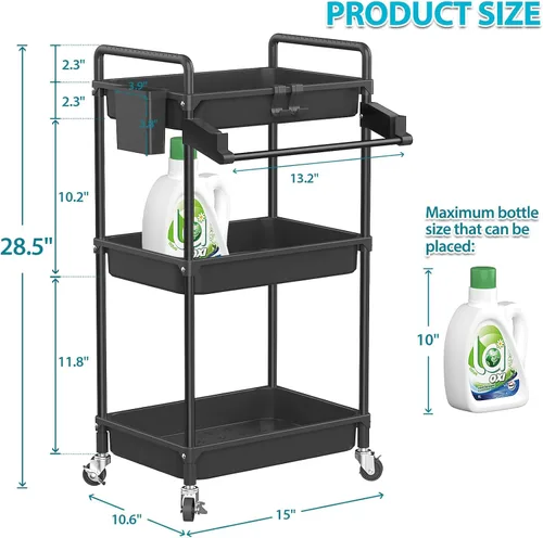 Miniatura 4 de SPACEKEEPER Carrito de almacenamiento rodante, carrito utilitario de 3 niveles, organización de cuarto de servicio, estantería móvil, organizador