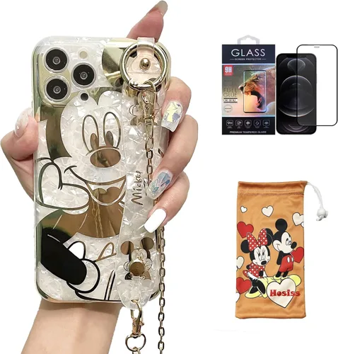 Miniatura 12 de Funda de dibujos animados para iPhone 7/8/SE de 4.7" con protector de pantalla HD, Mickey Mouse con correa de muñeca, soporte, cadena de metal