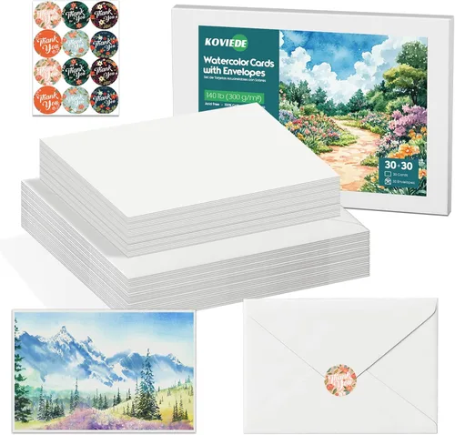Paquete de 30 tarjetas de acuarela en blanco con sobres de 5 x 7 pulgadas, 140 libras/10.58 oz/m², 100 % algodón, no plegado, sin ácidos, papel