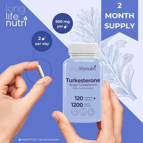 Miniatura 6 de LongLifeNutri Turkesterone 1200mg - Ajuga Turkestanica de alta pureza para fuerza, recuperación y crecimiento muscular, 120 cápsulas vegetarianas