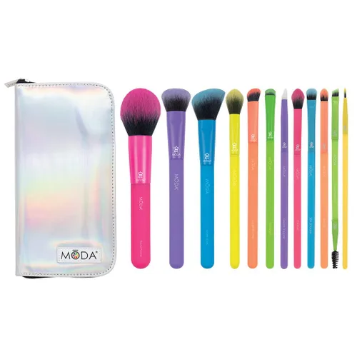 MODA Juego de 13 brochas de maquillaje totalmente eléctricas, pinceles de neón coloridos con estuche de viaje holográfico, kit vegano de cara