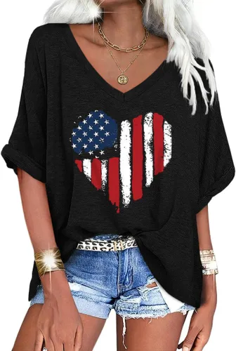 Miniatura 34 de UNCLECAT Camisetas de gran tamaño con cuello en V para mujer, camisas de manga corta de verano, holgadas, casuales