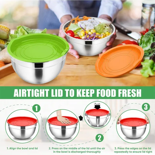 Miniatura 7 de P&P CHEF Juego de 5 cuencos para mezclar con tapas herméticas, 10 piezas de acero inoxidable, cuenco de metal con tapa para preparación y Varios