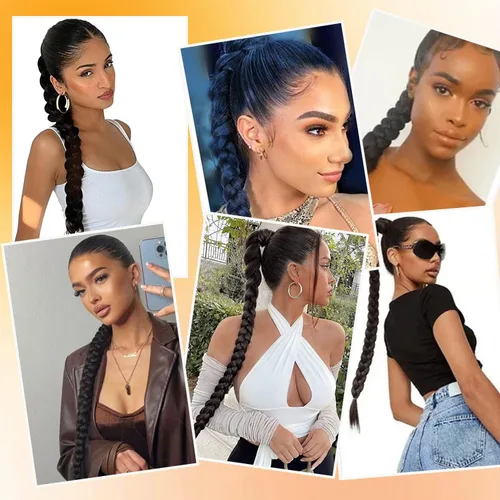Miniatura 5 de 2 paquetes de 16 pulgadas de extensión de cola de caballo trenzada larga negra para mujeres negras con banda elástica, trenzado recto, extensiones