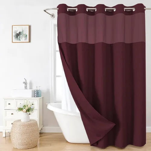 Miniatura 28 de eachope-Cortina de ducha de lino texturizado, forro de tela a presión, no necesita ganchos, ventana superior de malla, cal. hotelera de lujo, Crema