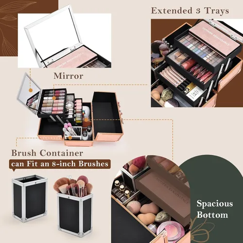 Miniatura 6 de FRENESSA Estuche de Maquillaje de 11.8 Pulgadas Estuche Organizador de Maquillaje Caja Grande de Cosméticos con Espejo Portátil 3 Bandejas Caja