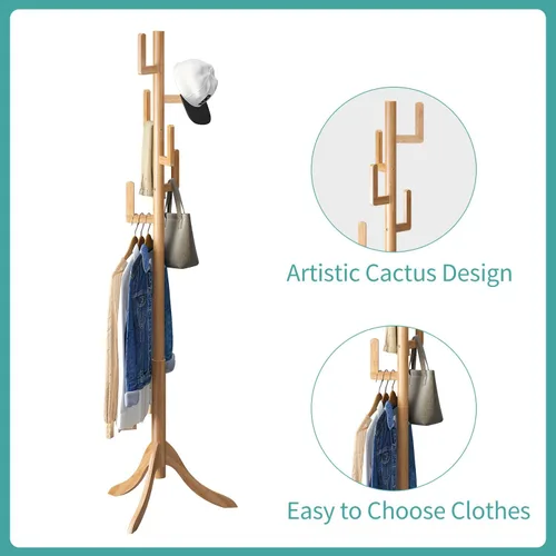 Miniatura 8 de Perchero independiente, árbol de bambú de cactus, soporte de madera de altura ajustable con 6 ganchos, perchero para niños, utilizado en el Natural