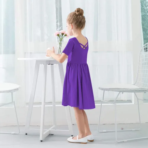 Miniatura 4 de Stelle Vestido de patinadora de manga corta para niños y niñas, casual, acampanado, para fiesta escolar, 3-12 años, Blanco