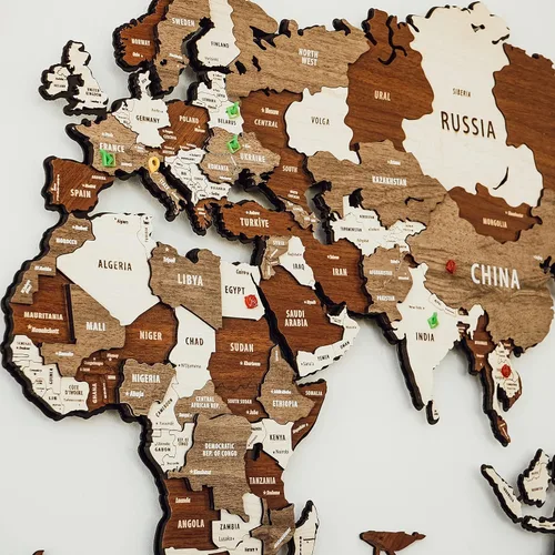 Miniatura 2 de Colorfull Worlds Mapa del mundo de madera y metal 3D montado, mapa de madera multicapa sobre base de metal, mapa artístico de pared de madera