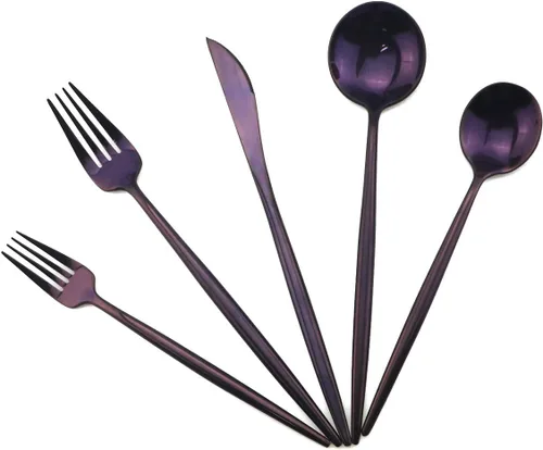 Miniatura 11 de Juego de cubiertos portátiles, juego de cubiertos de 5 piezas, acero inoxidable 18/10, pulido de espejo, negro, utensilios modernos y elegantes