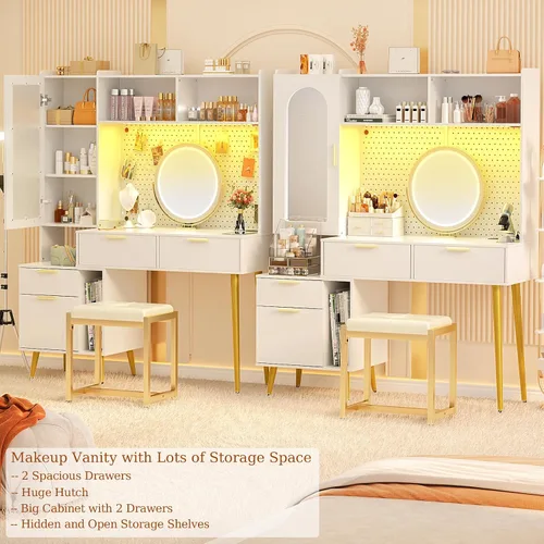 Miniatura 2 de Armocity Tocador de maquillaje de 48 pulgadas con aparador, tocador de dormitorio blanco con estación de carga y LED, mesa de tocador alta