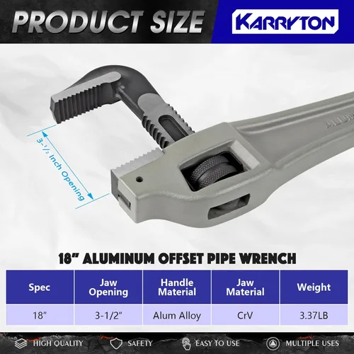 Miniatura 2 de Llave para tubos de aluminio con desplazamiento de 18 pulgadas, capacidad de mandíbula ajustable de 3.5"/89mm, llave de plomería resistente