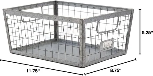 Miniatura 5 de Rae Dunn Cesta de almacenamiento de alambre, organizador de acero galvanizado y madera maciza, contenedor decorativo con dos asas y ranura