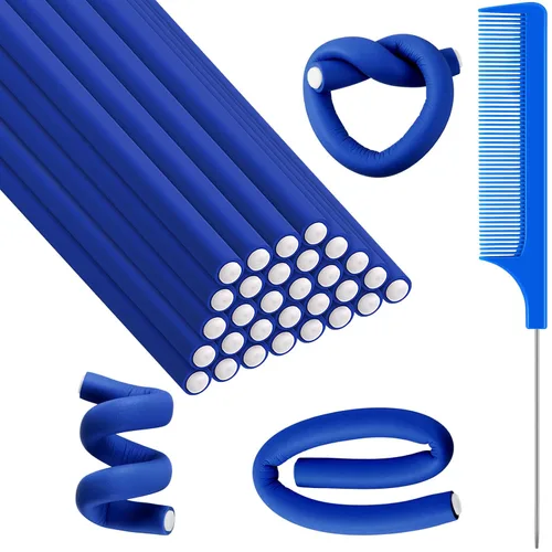 Syhood 30 unidades de varillas rizadoras flexibles de 7 pulgadas, rodillos de espuma suave sin calor, 1 peine de cola de rata, peine de cola de Azul