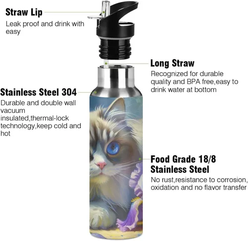 Miniatura 3 de Stainless Steel Vacuum Insulated Water Bottle 32 Oz, Leakproof Water Bottles for Gym Outdoor Travel School, Cute Cat Purple Flowers