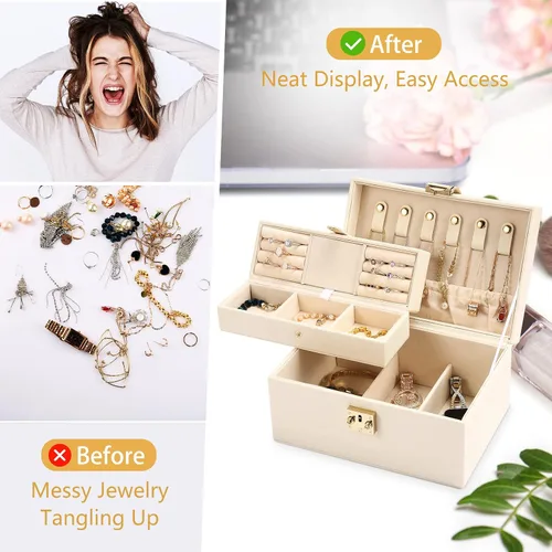 Miniatura 8 de CHFONG Joyero de 2 capas de piel sintética soporte de joyería portátil de viaje extraíble para collares aretes anillos pulseras joyeros organizador