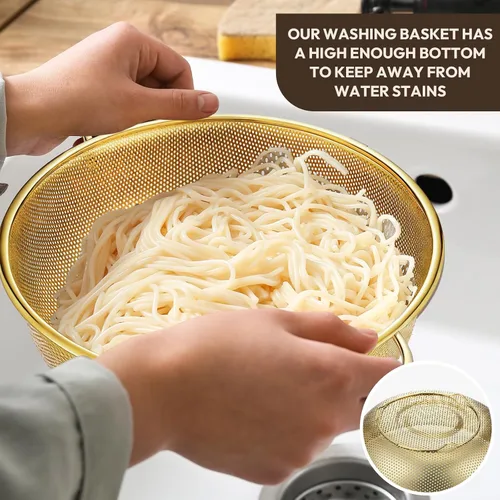 Miniatura 5 de Baderke Colador de metal dorado de acero inoxidable con asa, colador dorado para cocina, drenaje, pasta, enjuague, verduras, arroz, alimentos, 3