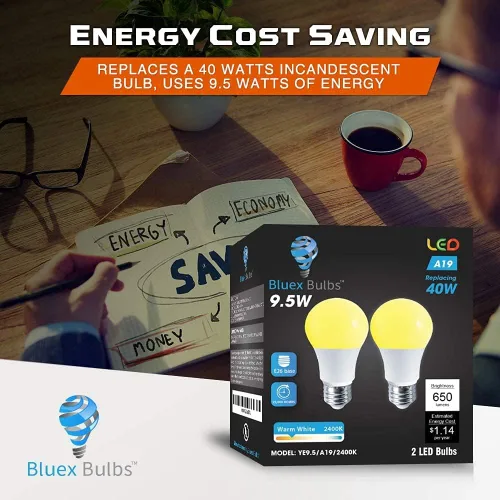 Miniatura 5 de BlueX - Paquete de 4 bombillas LED A19 color amarillo ámbar, sin luz azul, 650 lúmenes, base media E26 de 120 V, 9.5 W (reemplazo de 60 vatios)