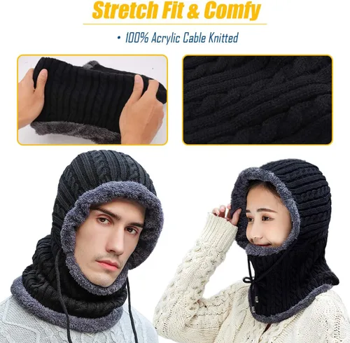 Miniatura 4 de Gisdanchz Pasamontañas para hombre y mujer, de punto cálido, con capucha, elástico, con cordón, gorro grueso