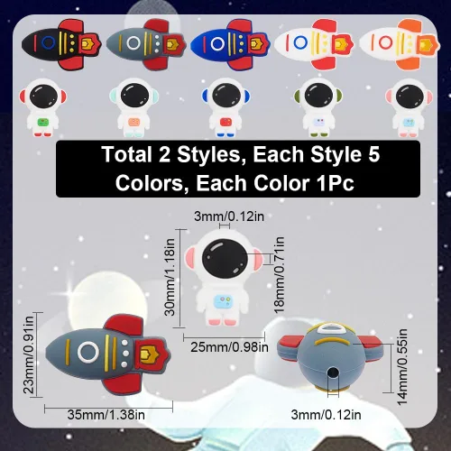 Miniatura 2 de SUNNYCLUE 10 estilos de cuentas focales de silicona lindas 3D astronautas encantos de personajes de silicona a granel de dibujos animados espaciales