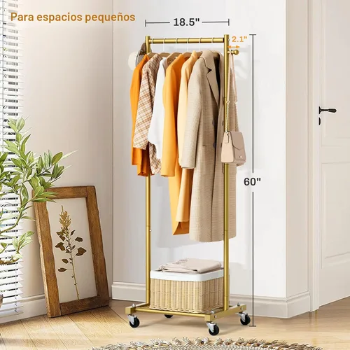 Miniatura 2 de MISSLO Percheros pequeños para colgar ropa con ruedas, perchero de ropa de 60 pulgadas con estantes, estante portátil con ruedas para armarios Dorado