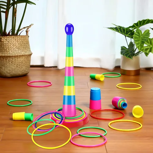 Miniatura 5 de Zubebe 18 Inch Plastic Ring Toss Game for Kids Colorful Tossing and Active Play Set Travel Ring Toss Quoits Toy Portable Carnival Games Indoor