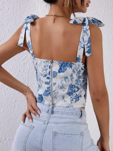 Miniatura 2 de WDIRARA Blusa corta sin mangas con estampado floral y cuello cuadrado para mujer