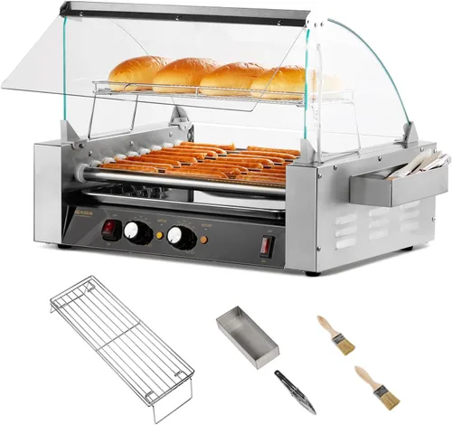 Miniatura 11 de ROVSUN Hot Dog Roller con 11 asadores para 30 hot dogs, máquina de cocción eléctrica de asador con cubierta, control de temperatura dual