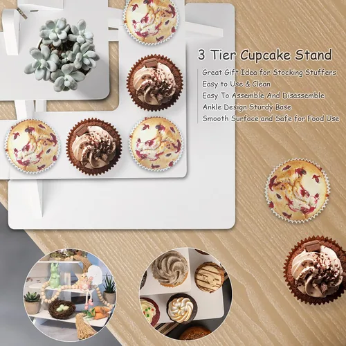 Miniatura 2 de Soporte para 24 cupcakes – Soporte rústico para cupcakes de 3 niveles plegable de madera – Soporte blanco para cupcakes – Torre de cupcakes