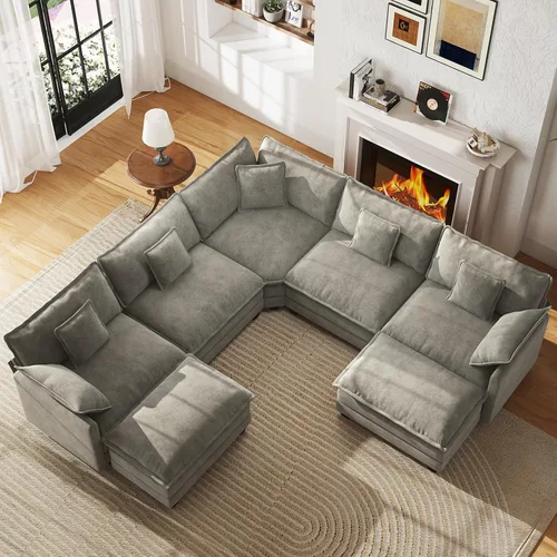 Miniatura 28 de WorthFurni Sofá Seccional Modular de 111.4", Sofá de Nube en Forma de U con 2 Otomanas Móviles, Cómodo Sofá de Chenille de Asiento Profundo